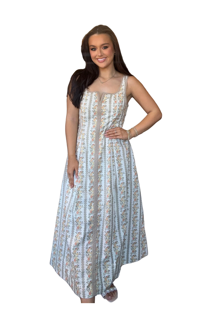 Floral Stripe Sleeveless Midi Dress with Ribbon  Detail - Vintage Dragonfly Boutique
