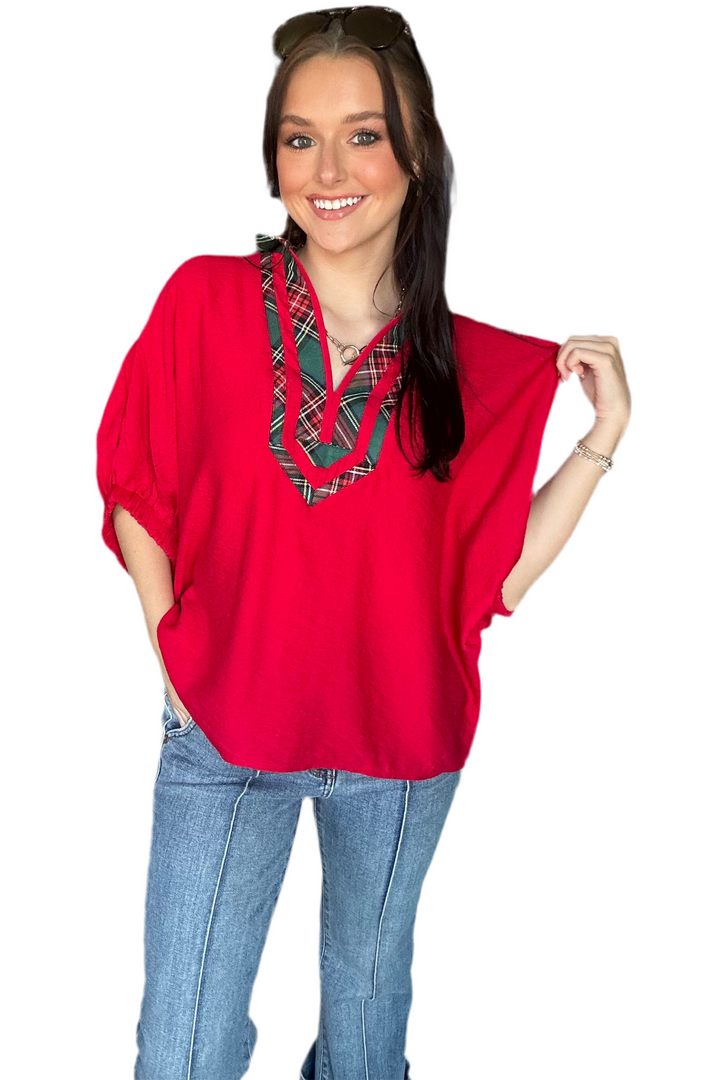 Red Plaid Trim V-Neck Dolman Top