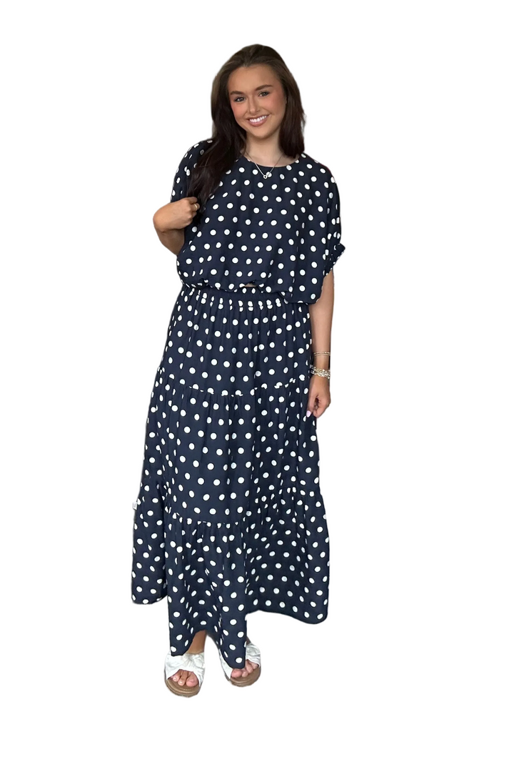 Entro Navy Polka Dot Tiered Midi Skirt with Elastic Waist - Vintage Dragonfly Boutique