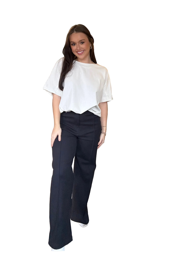 Entro Navy High-Rise Wide-Leg Pants with Front Seam Detail + Stretch