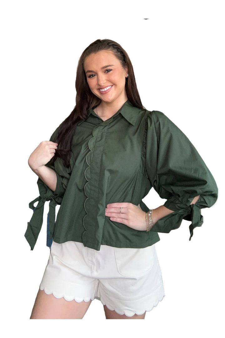 Entro Tie Sleeve Button Front Blouse in Chocolate Brown &amp; Army Green - Vintage Dragonfly Boutique