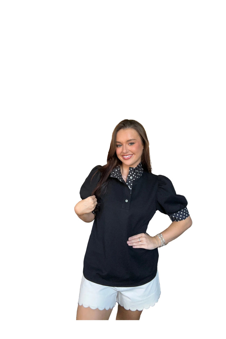 Entro Polka Dot Trim Puff Sleeve Top – Black or Brown - Vintage Dragonfly Boutique