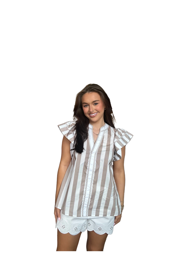 ENTRO Neutral Stripe Flutter Sleeve Blouse – Lightweight V-Neck Top - Vintage Dragonfly Boutique