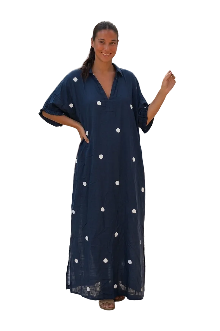 Entro Navy Polka Dot Midi Dress | Classic Women’s Boutique Dress - Vintage Dragonfly Boutique