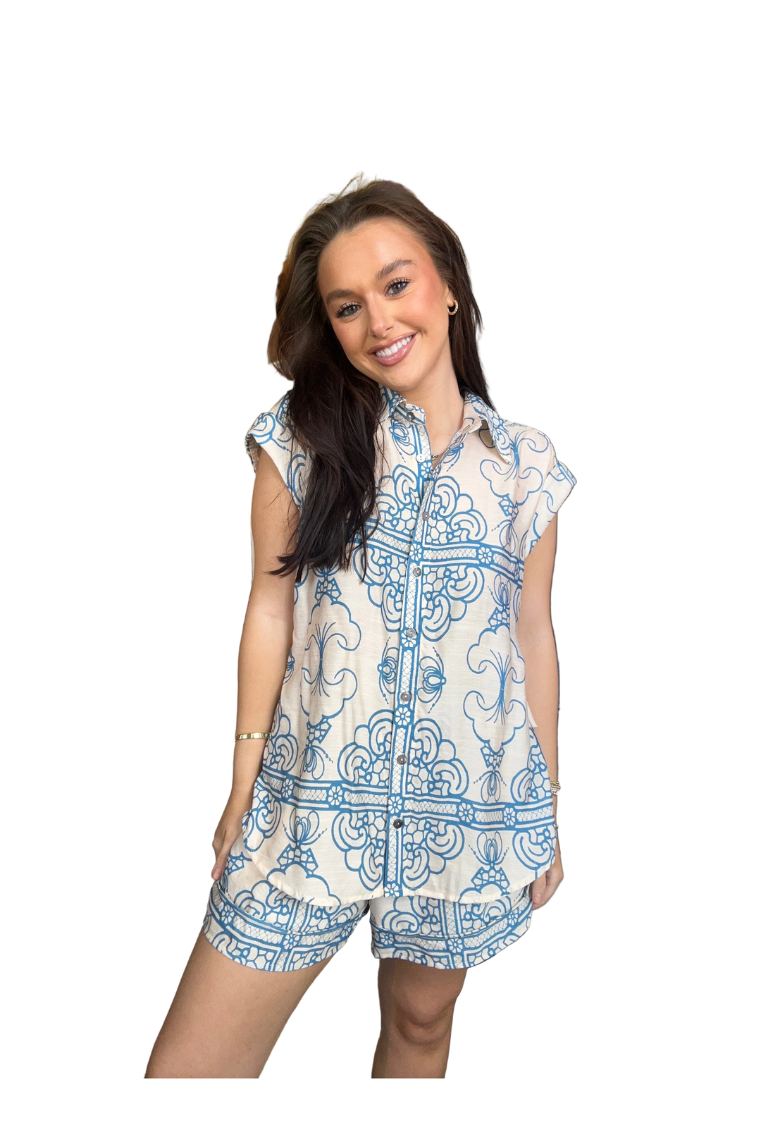 Entro Blue &amp; Ivory Ornate Button Front Sleeveless Blouse - Vintage Dragonfly Boutique