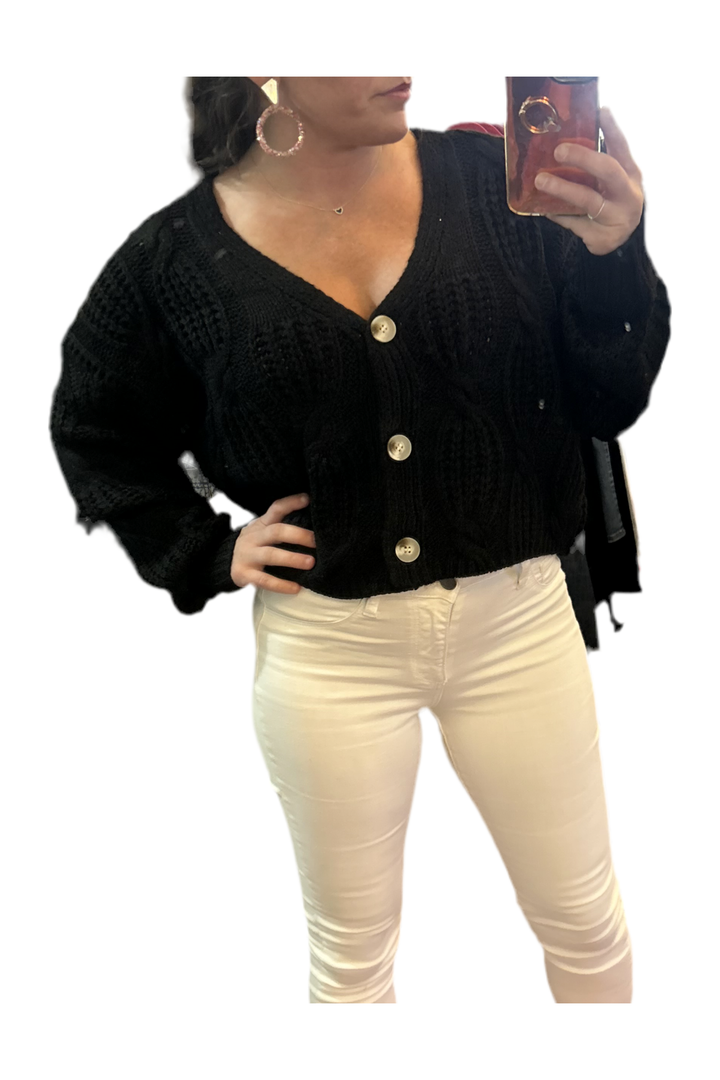 Button Down Crochet Cardigan in Black - Vintage Dragonfly Boutique