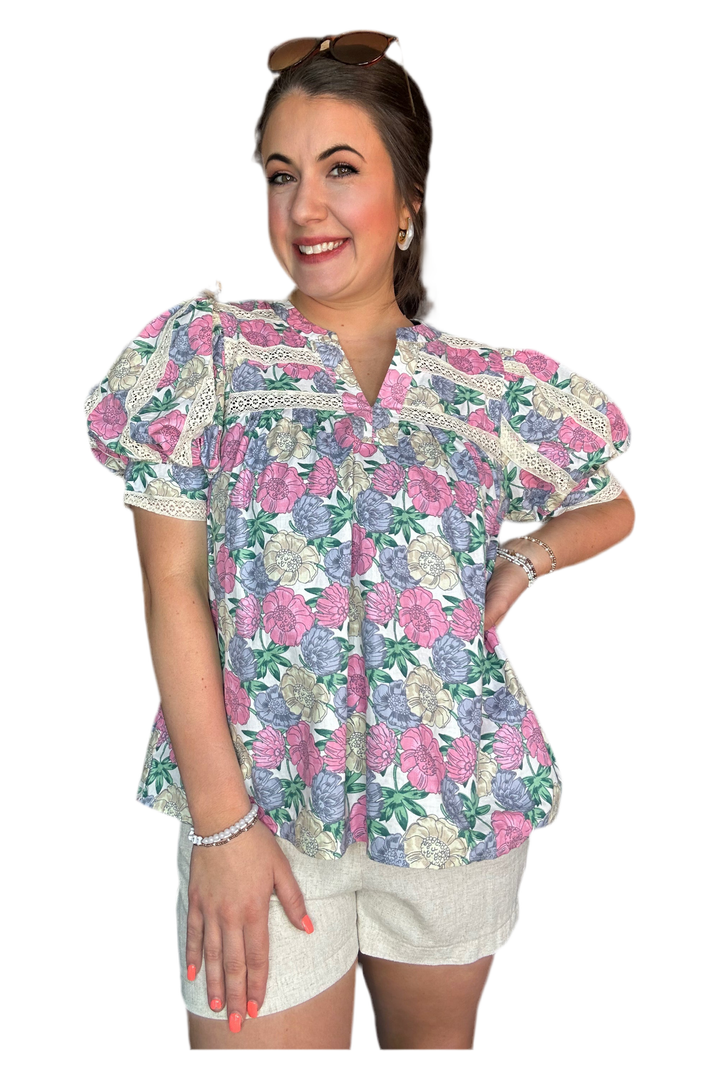 Cream Mix Floral Short Puff Sleeve Top - Vintage Dragonfly Boutique