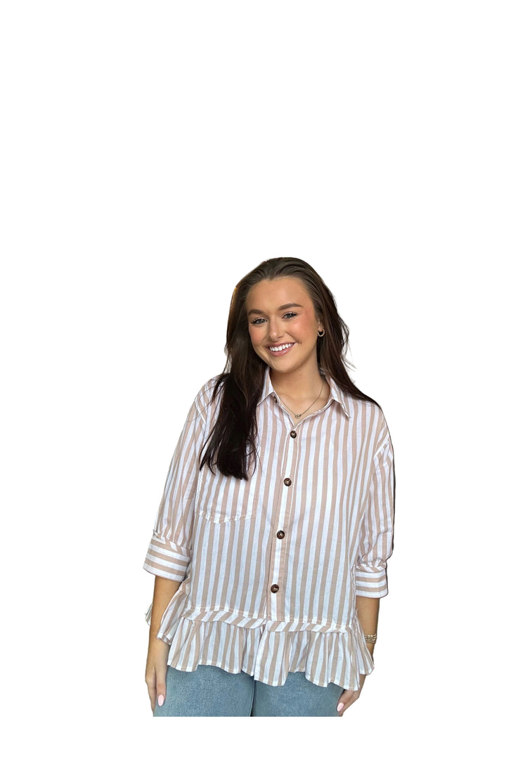 Sewn and Seen White with Taupe Stripes Peplum Button Front Top - Vintage Dragonfly Boutique