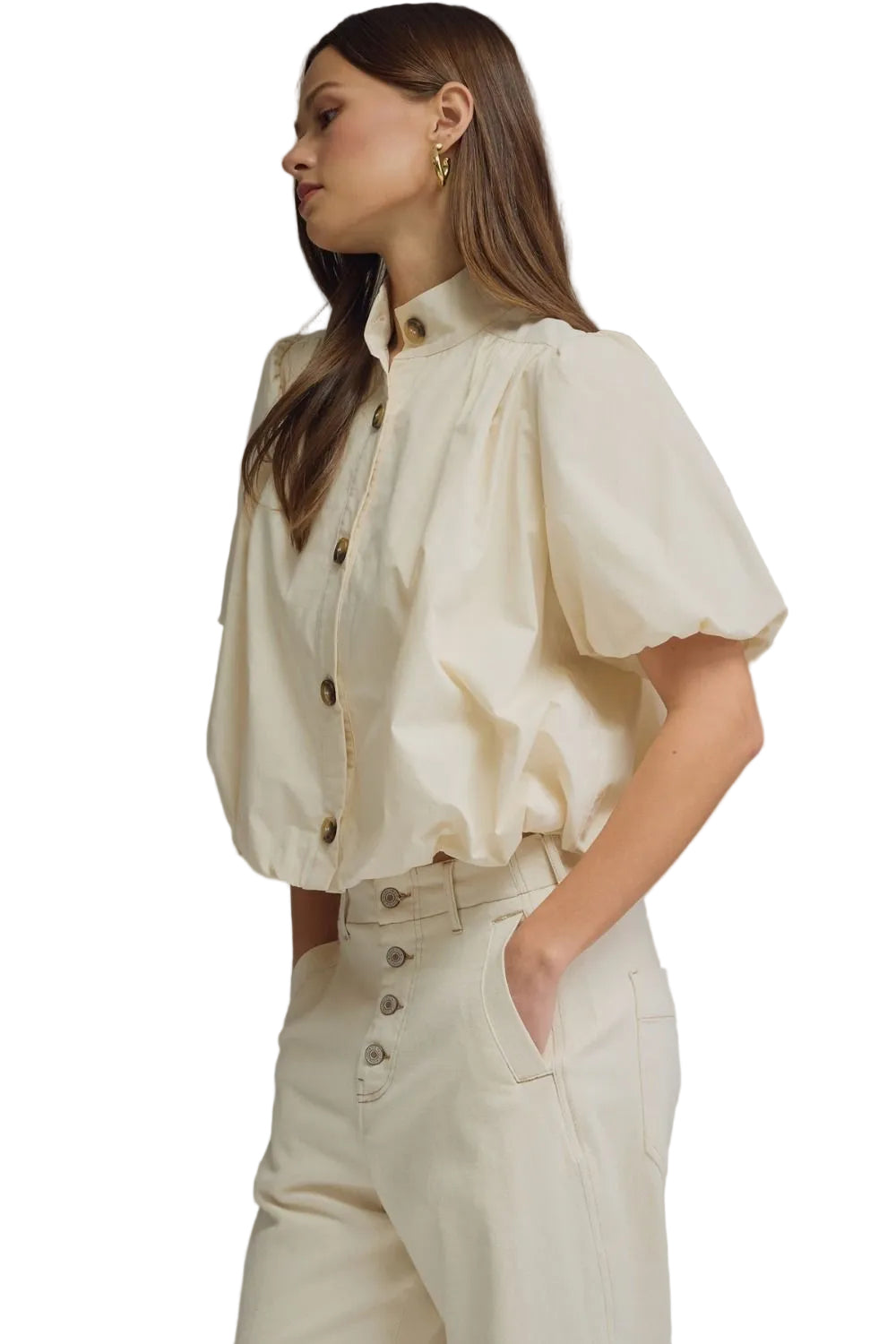 Entro High Neck Button Front Puff Sleeve Jacket in Ecru or Hunter Green - Vintage Dragonfly Boutique