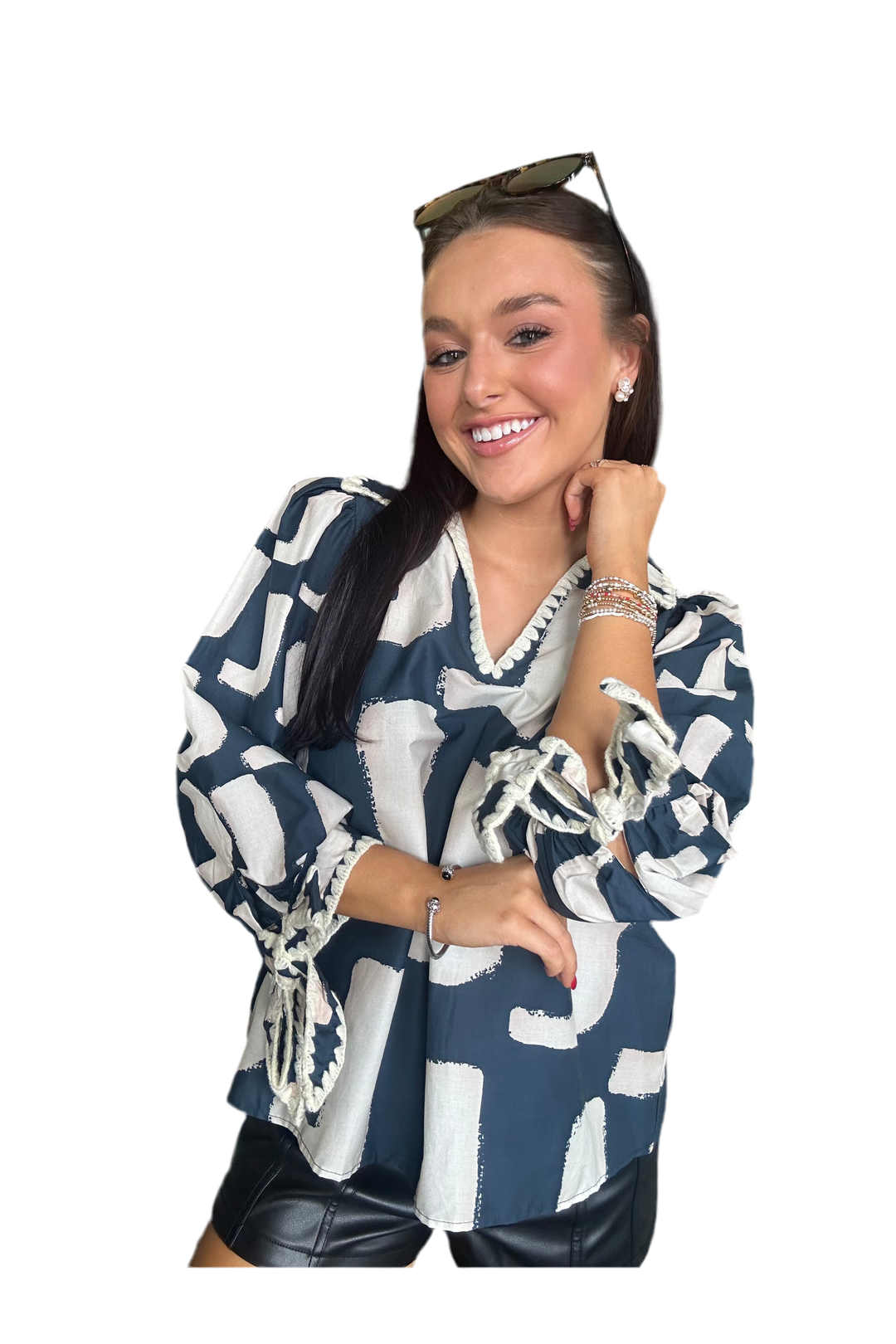 Entro Navy Abstract Print Puff Sleeve Top with Split Neck & Self Tie – Effortlessly Chic Everyday Style