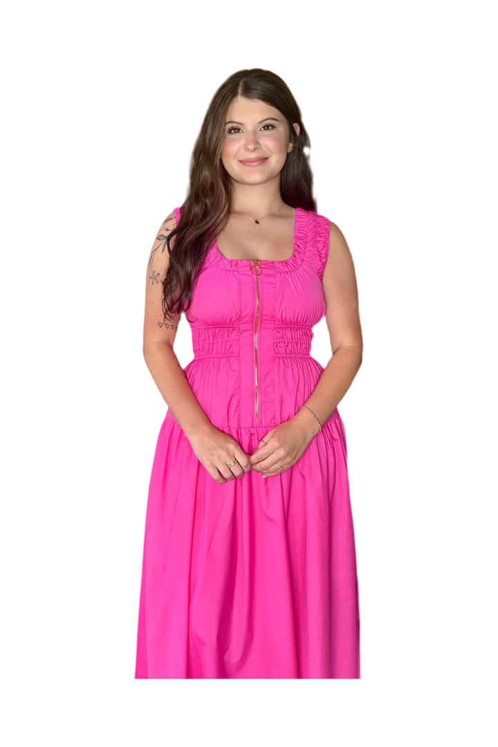 Hot Pink Squareneck Sleeveless Zipper Front Midi Dress