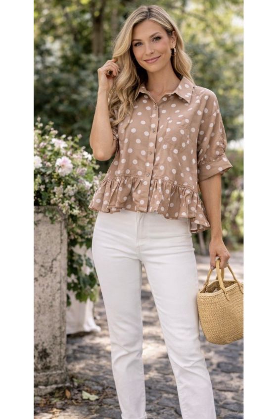 Entro Taupe Polka Dot Ruffle Hem Button Down Top - Vintage Dragonfly Boutique