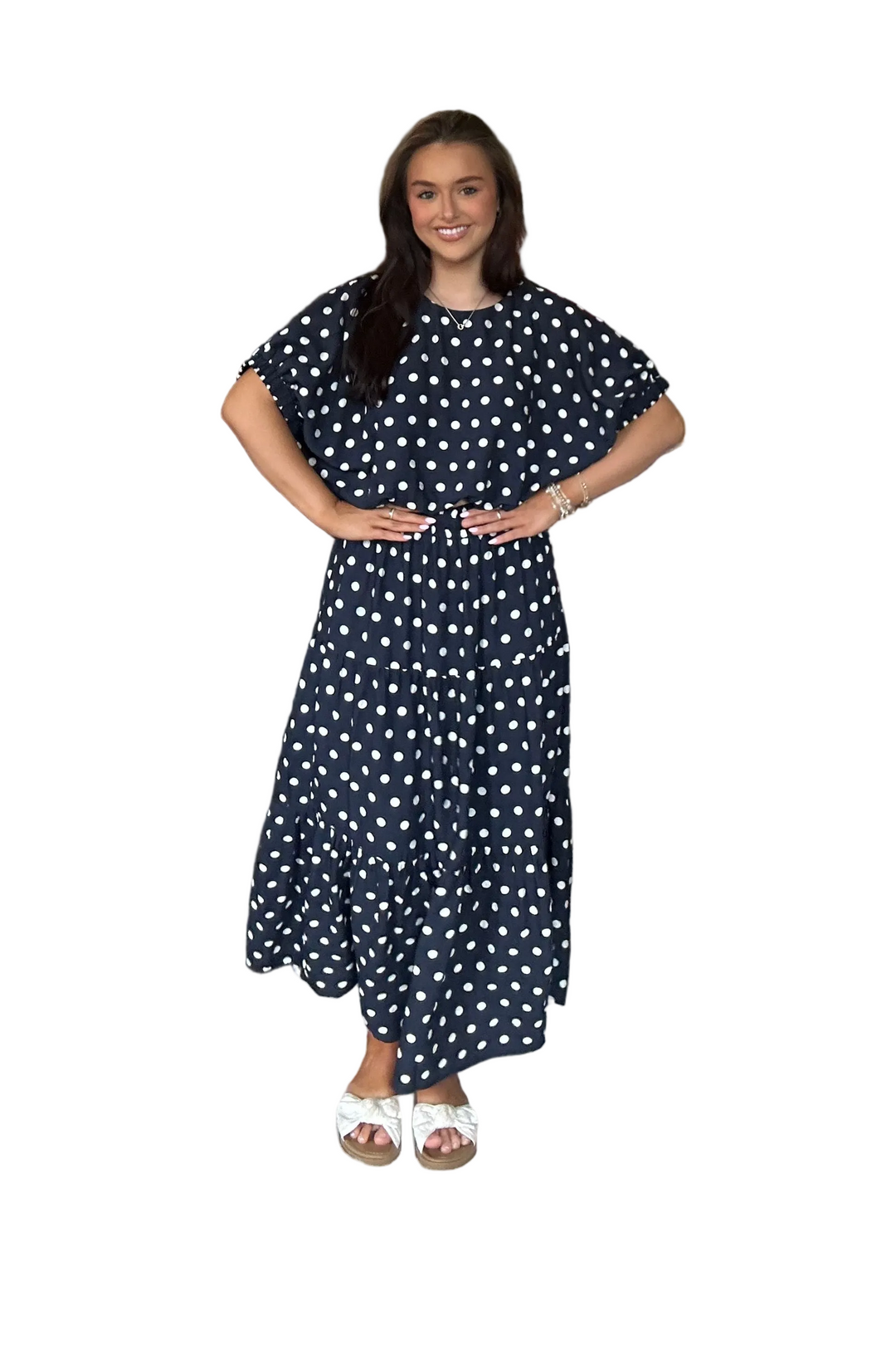 Entro Navy Polka Dot Tiered Midi Skirt with Elastic Waist - Vintage Dragonfly Boutique