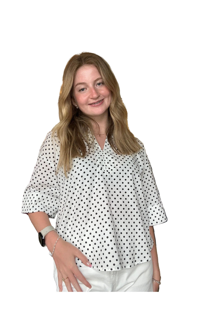 Entro White &amp; Black Polka Dot Collared Top – Classic Chic Blouse - Vintage Dragonfly Boutique