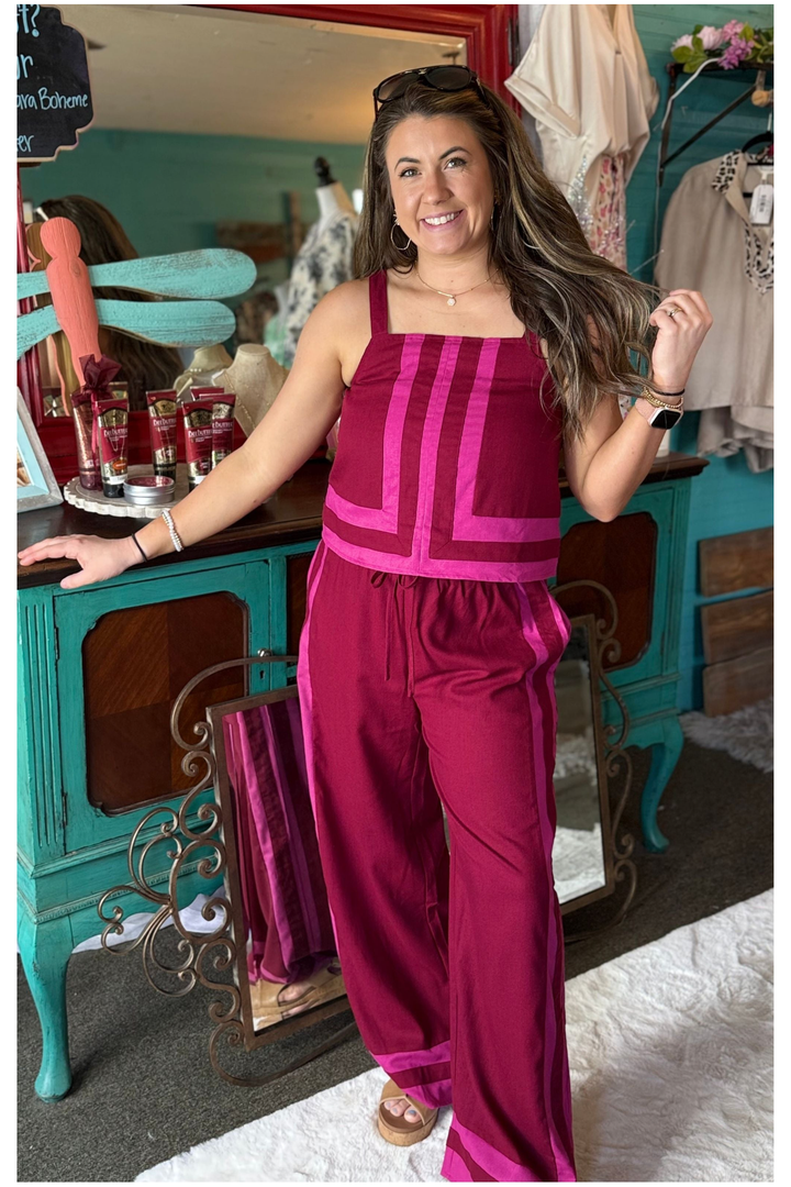 Maroon and Rose Accent Sleeveless Top and Wide Leg High Waist Bottoms Set - Vintage Dragonfly Boutique