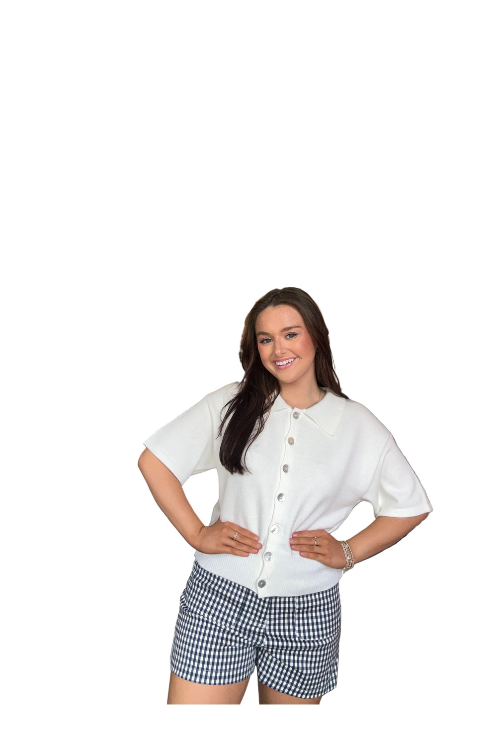 Entro Off White or Navy Short Sleeve Button Front Sweater Top - Vintage Dragonfly Boutique