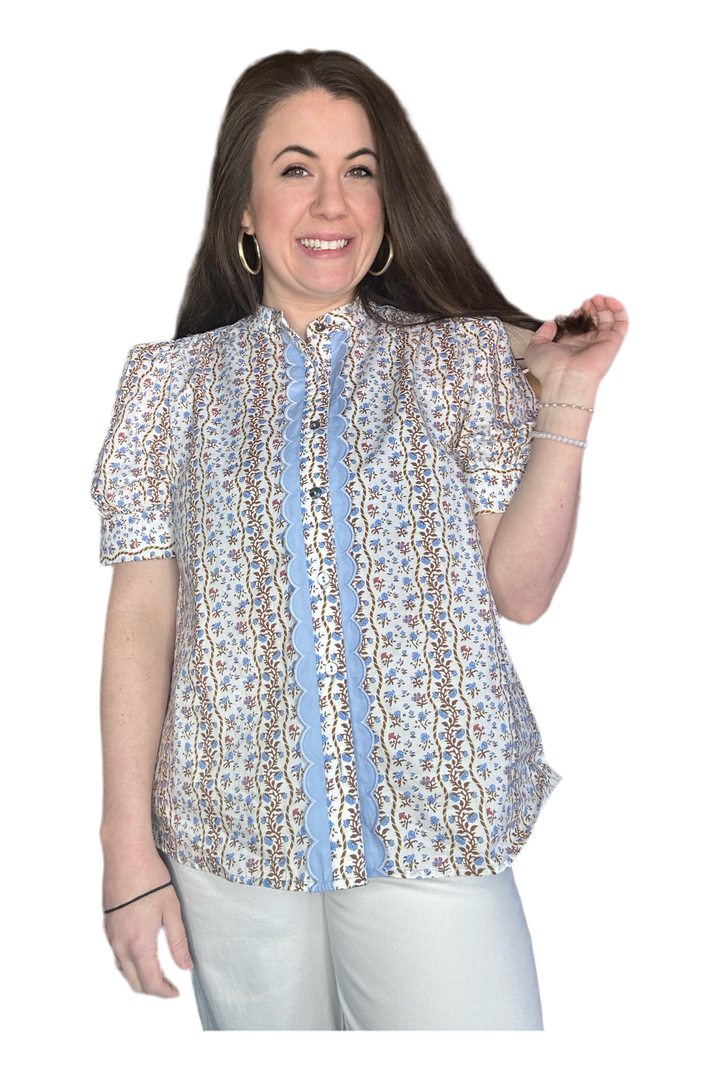 Entro Cream Top w/ Baby Blue & Brown Floral Print - Vintage Dragonfly Boutique