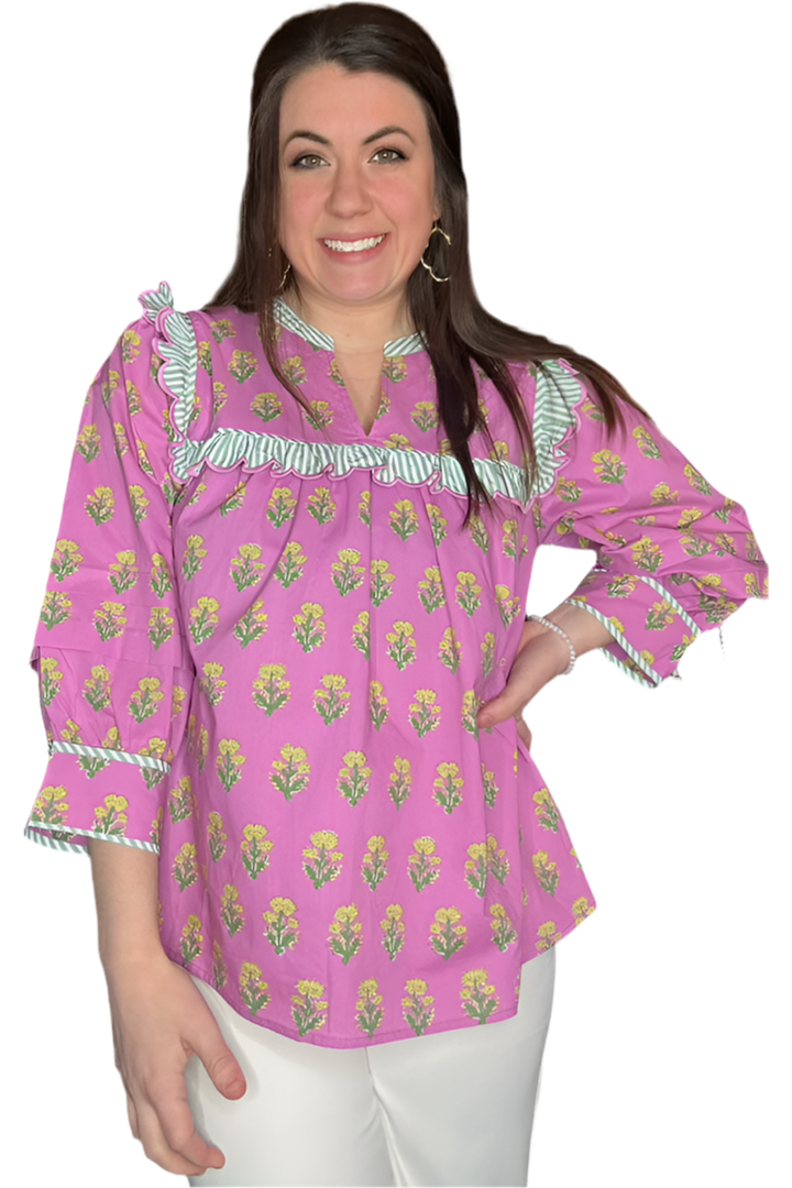 Entro Pink\Purple Patterned 3/4 Length Sleeve Top - Vintage Dragonfly Boutique