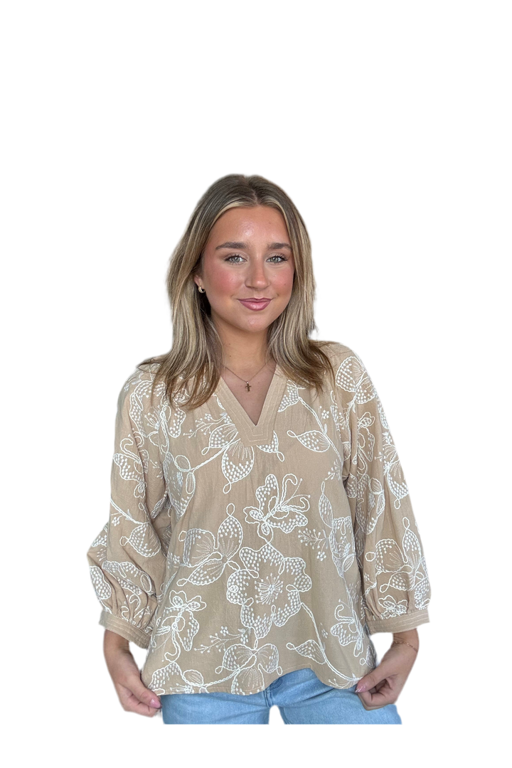 Entro Taupe Embroidered 3/4 Sleeve Top by Entro | Chic Neutral Blouse for Any Occasion