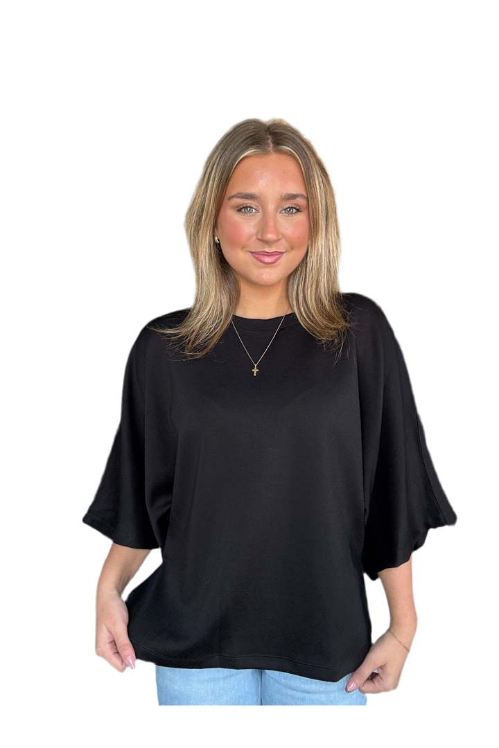 Entro Black Knit Top – Elbow Sleeve Relaxed Silhouette Blouse