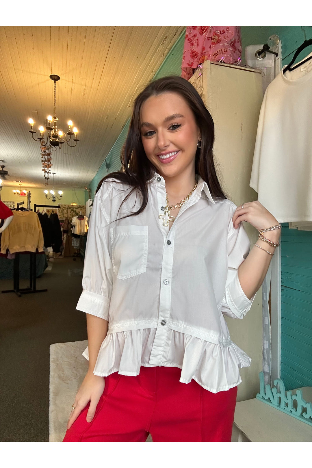 Entro Solid Print  3/4 L Sleeve Ruffle Hem Top