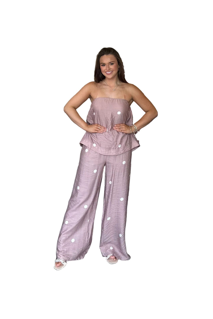 Entro Mocha Polka Dot Strapless Top &amp; Wide Leg Pant Set - Vintage Dragonfly Boutique