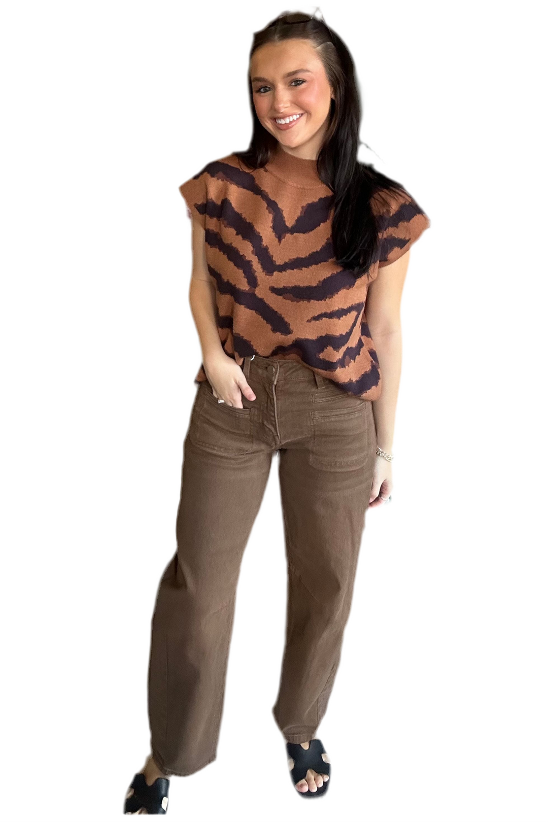 ENTRO Animal Pattern Knit Top – Short Sleeve Mock Neck Sweater in Relaxed Silhouette