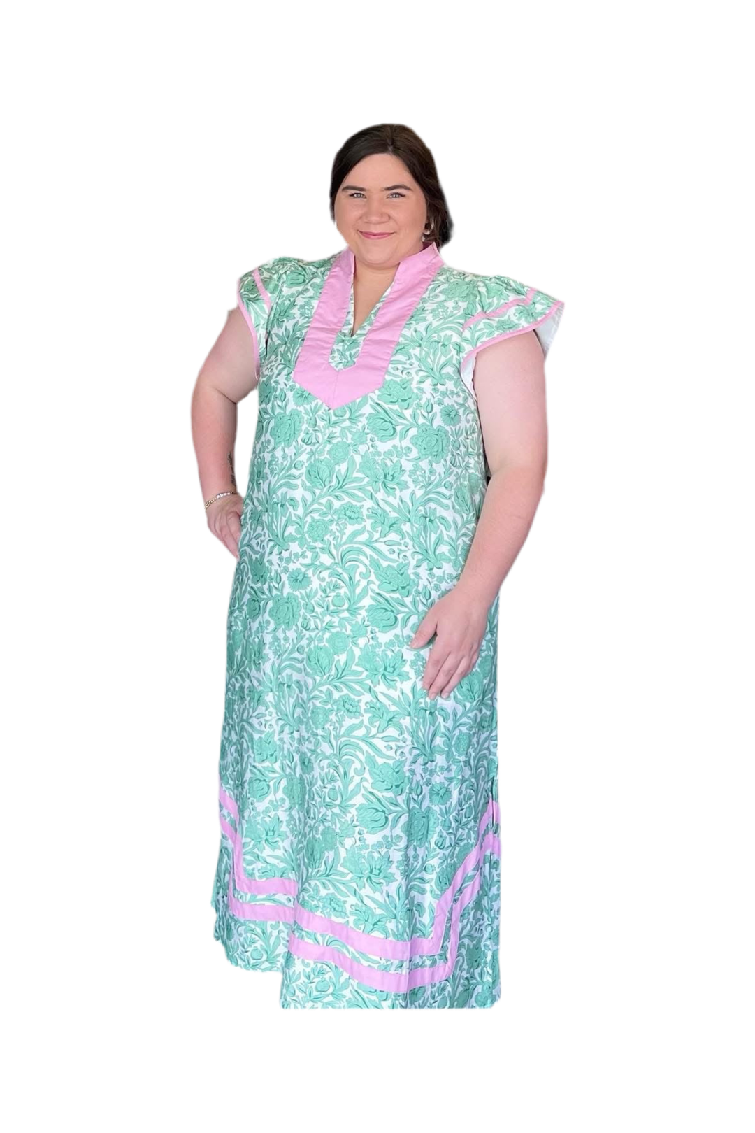 Entro Curvy Green Mix Floral Print Flutter Sleeve Midi Dress