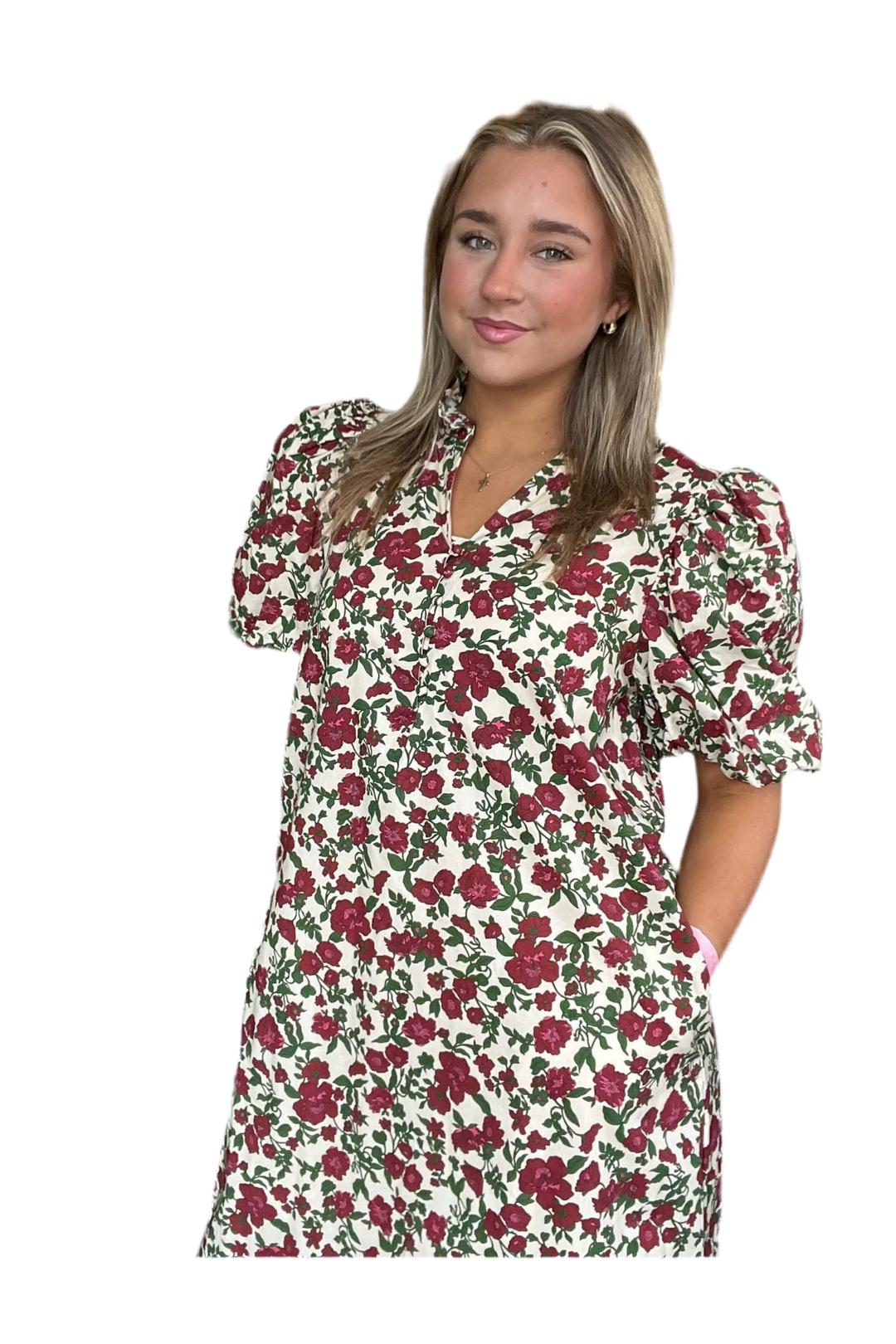 Romantic Floral Midi Dress with Bubble Sleeves - By Entro