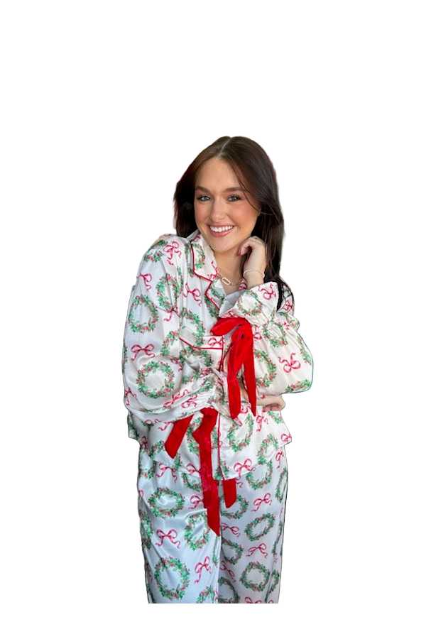 Satin Christmas Pajama Set with Velvet Ties – Long Sleeve Loungewear by Peach Love