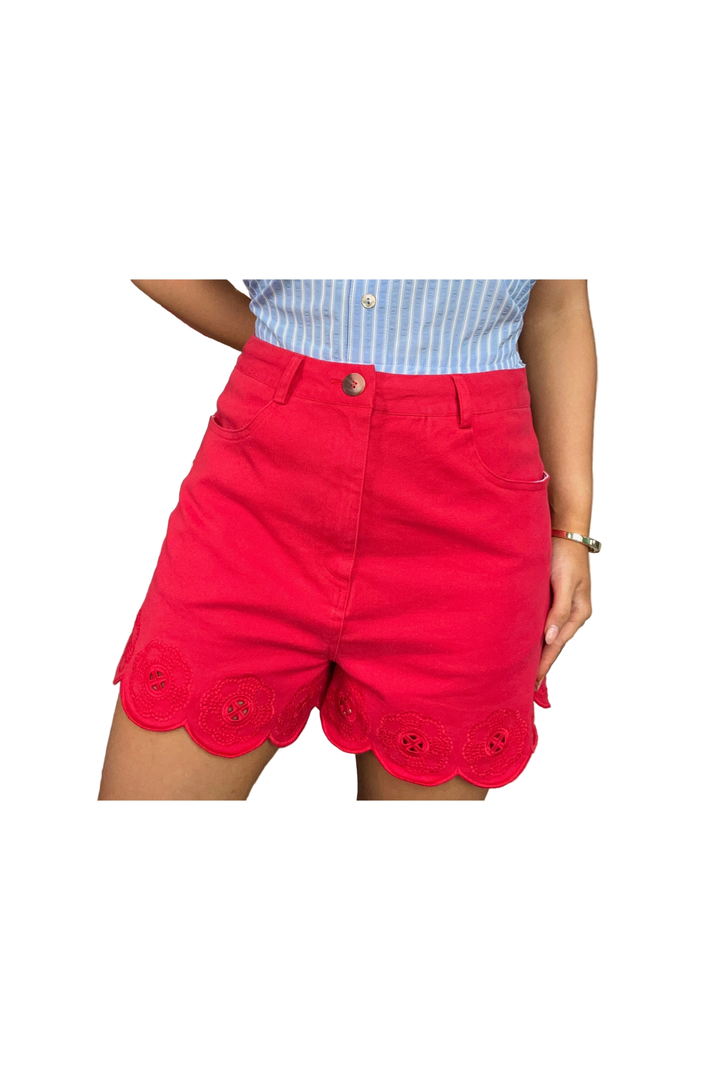 ENTRO Scalloped Trim Shorts with Eyelet Detail  – Red & White - Vintage Dragonfly Boutique