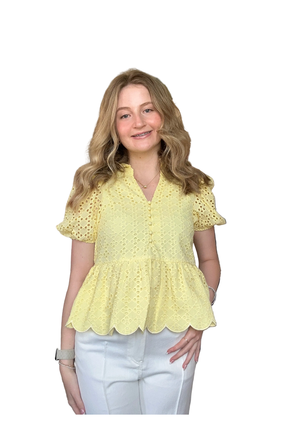 Entro Eyelet Puff Sleeve Peplum Top – White & Lemon Scalloped Blouse for Women - Vintage Dragonfly Boutique