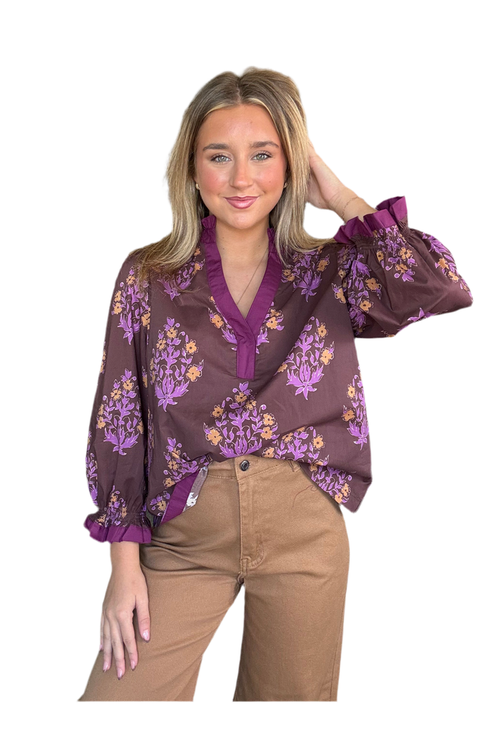 ENTRO Chocolate Floral 3/4 Sleeve Blouse – Lightweight & Feminine Style