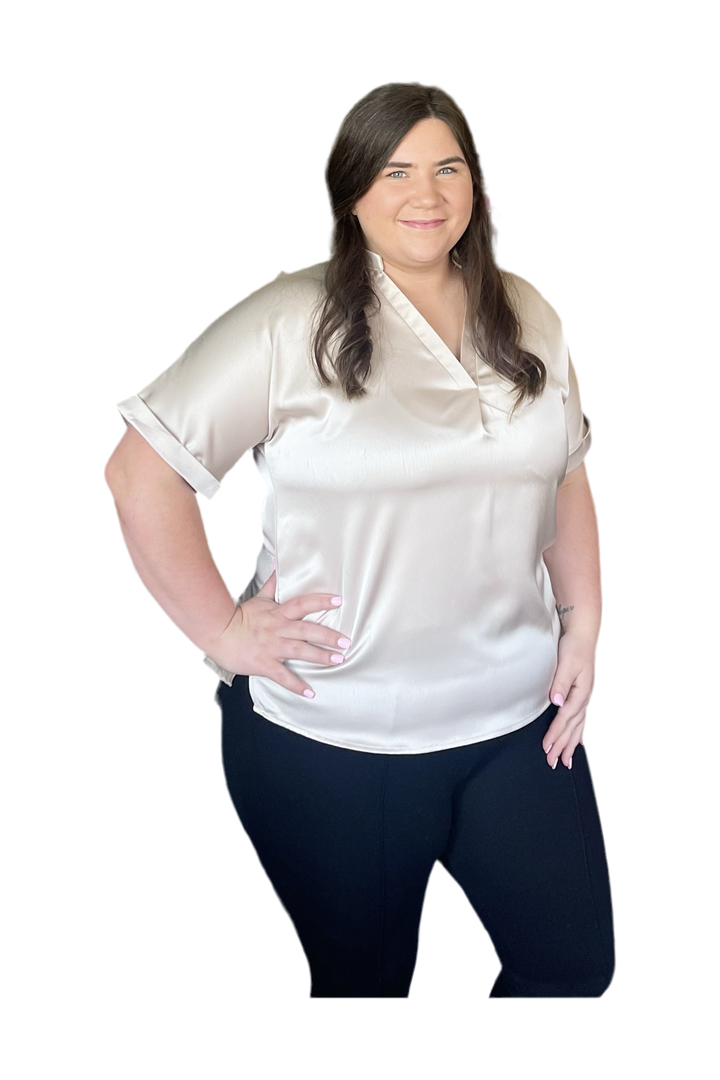 Vneck Placket Sleeve Cuff Top - Vintage Dragonfly Boutique