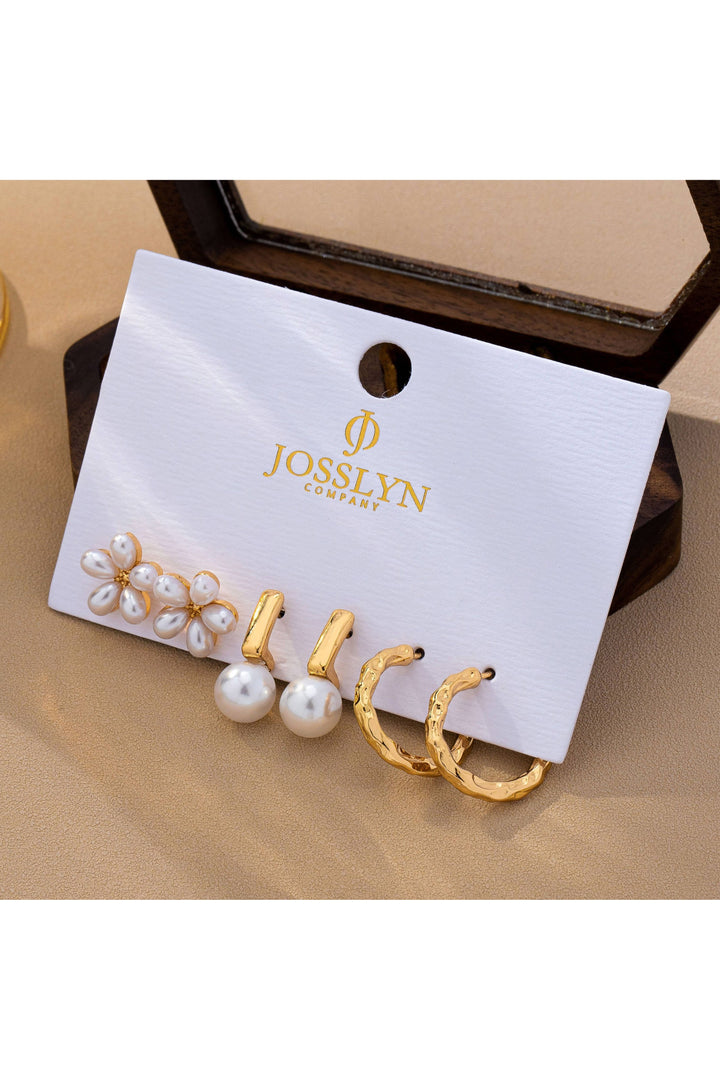 JOSSLYN by wall to wall - Pearl &amp; Floral Gold Textured Earring Set | 80E63276: GOLD - Vintage Dragonfly Boutique