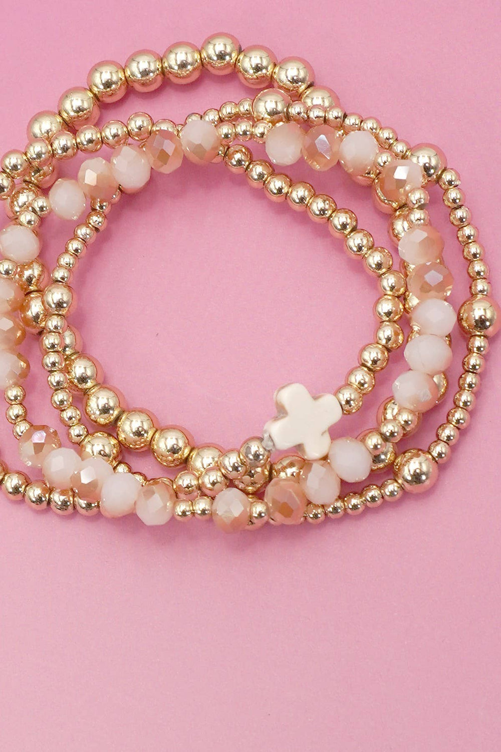 JOSSLYN by wall to wall - BOHO CROSS WHITE & MULTI  COLORFUL BEADED STRETCH BRACELET | Pink - Vintage Dragonfly Boutique