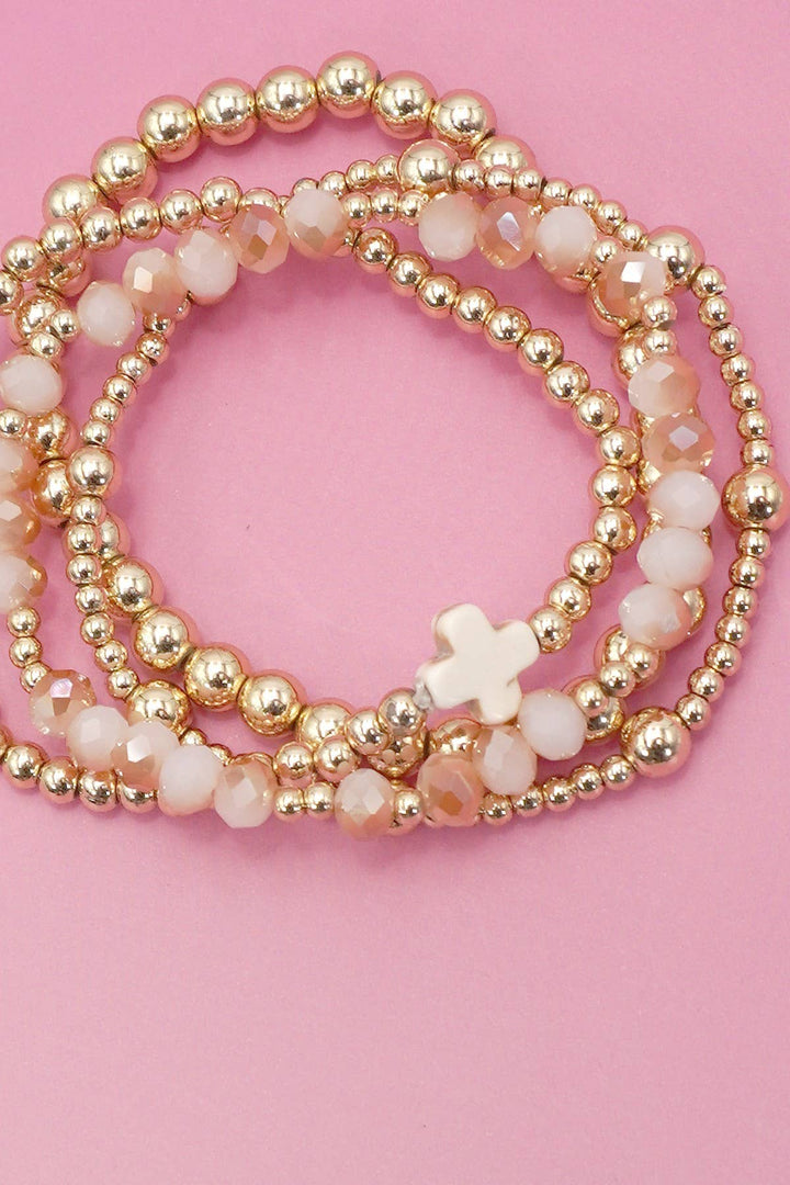 JOSSLYN by wall to wall - BOHO CROSS WHITE &amp; MULTI  COLORFUL BEADED STRETCH BRACELET | Pink - Vintage Dragonfly Boutique