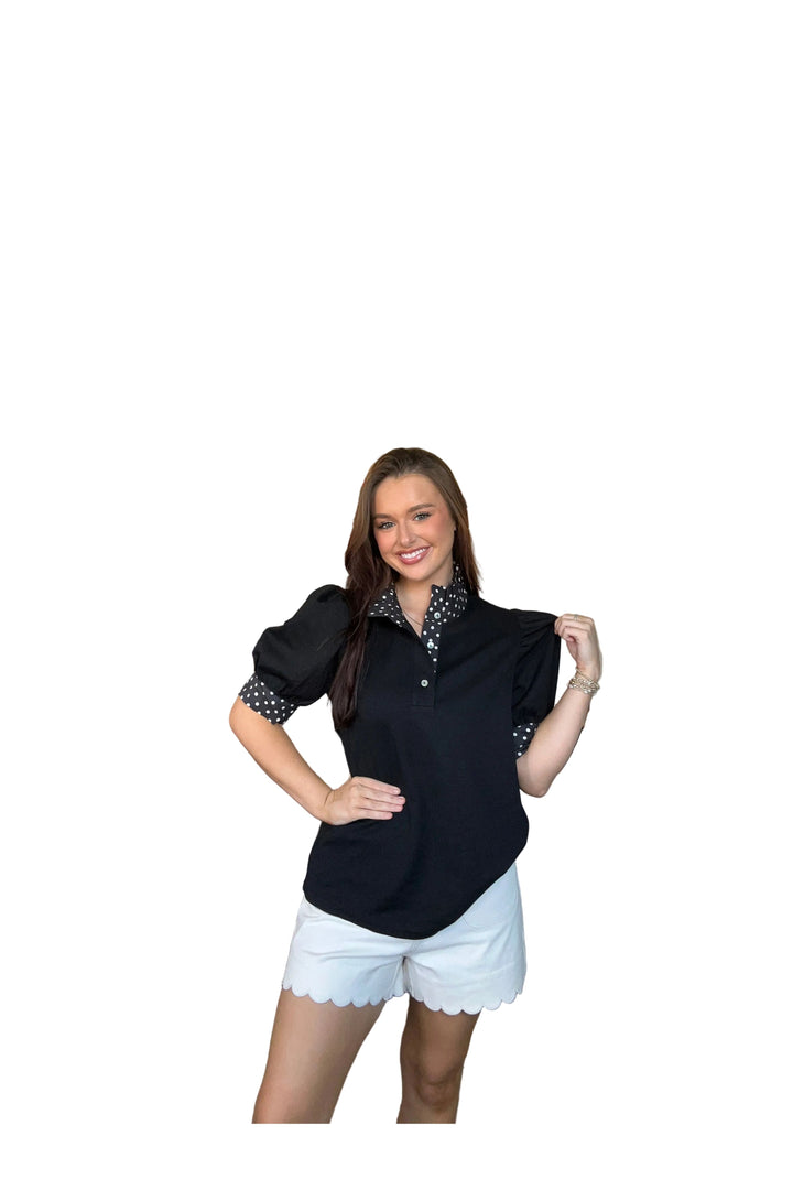 Entro Polka Dot Trim Puff Sleeve Top – Black or Brown - Vintage Dragonfly Boutique