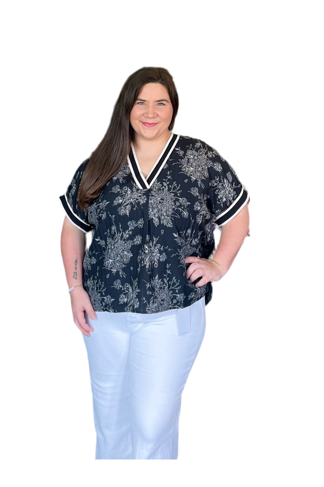 Entro Black & Cream Split Neck Dolman Sleeve Top - Vintage Dragonfly Boutique