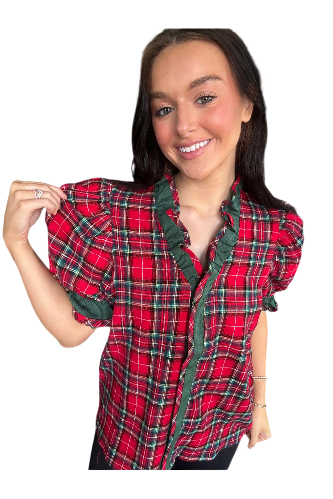 Entro Red and Green Plaid Print Top