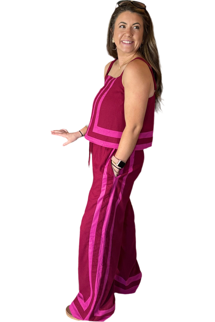 Maroon and Rose Accent Sleeveless Top and Wide Leg High Waist Bottoms Set - Vintage Dragonfly Boutique