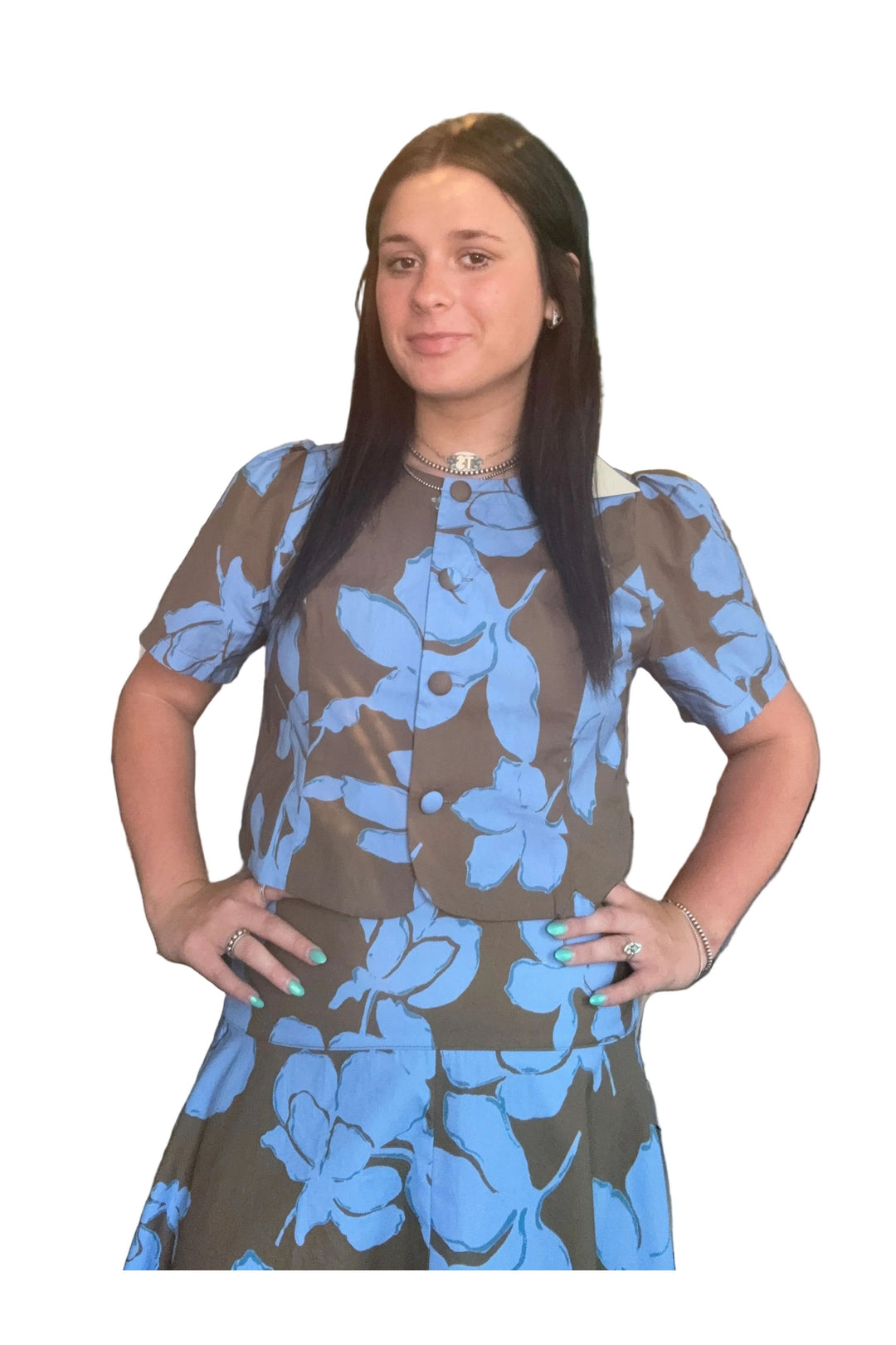 Entro Blue Floral Button-Front Cropped Top