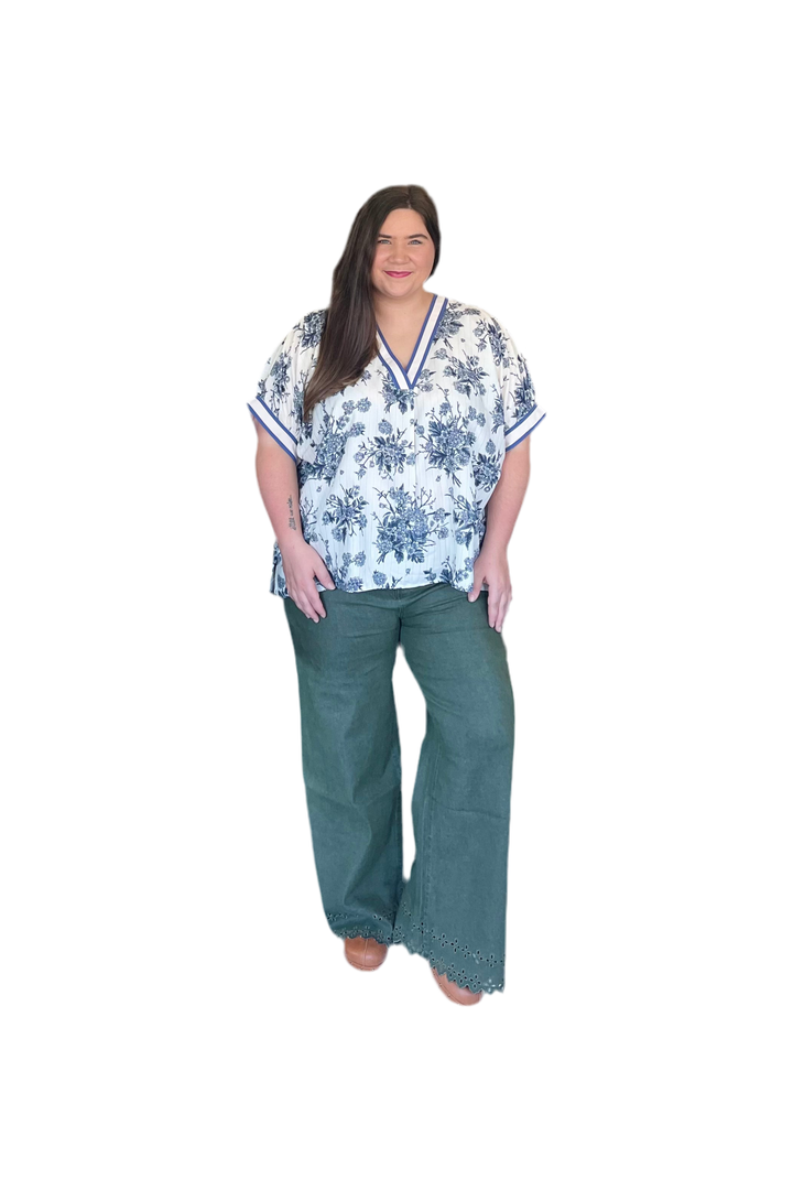 High Waist Embroidered Olive Pants – Flowy & Flattering for Every Day - Vintage Dragonfly Boutique