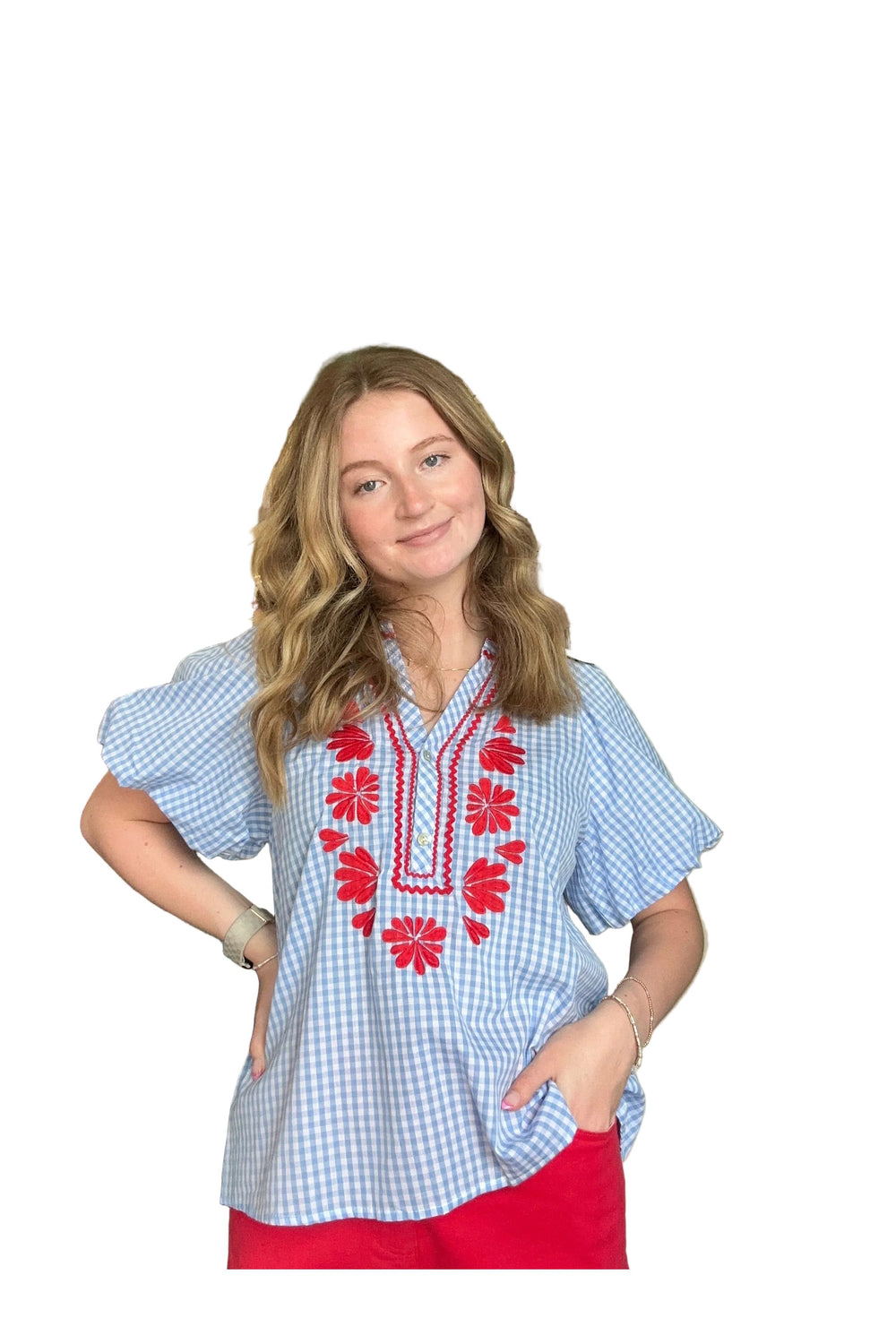 Entro Blue Gingham Embroidered Puff Sleeve Top - Vintage Dragonfly Boutique