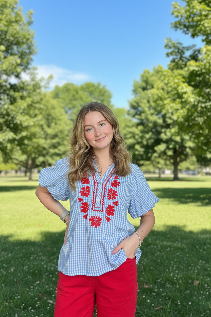 Entro Blue Gingham Embroidered Puff Sleeve Top - Vintage Dragonfly Boutique