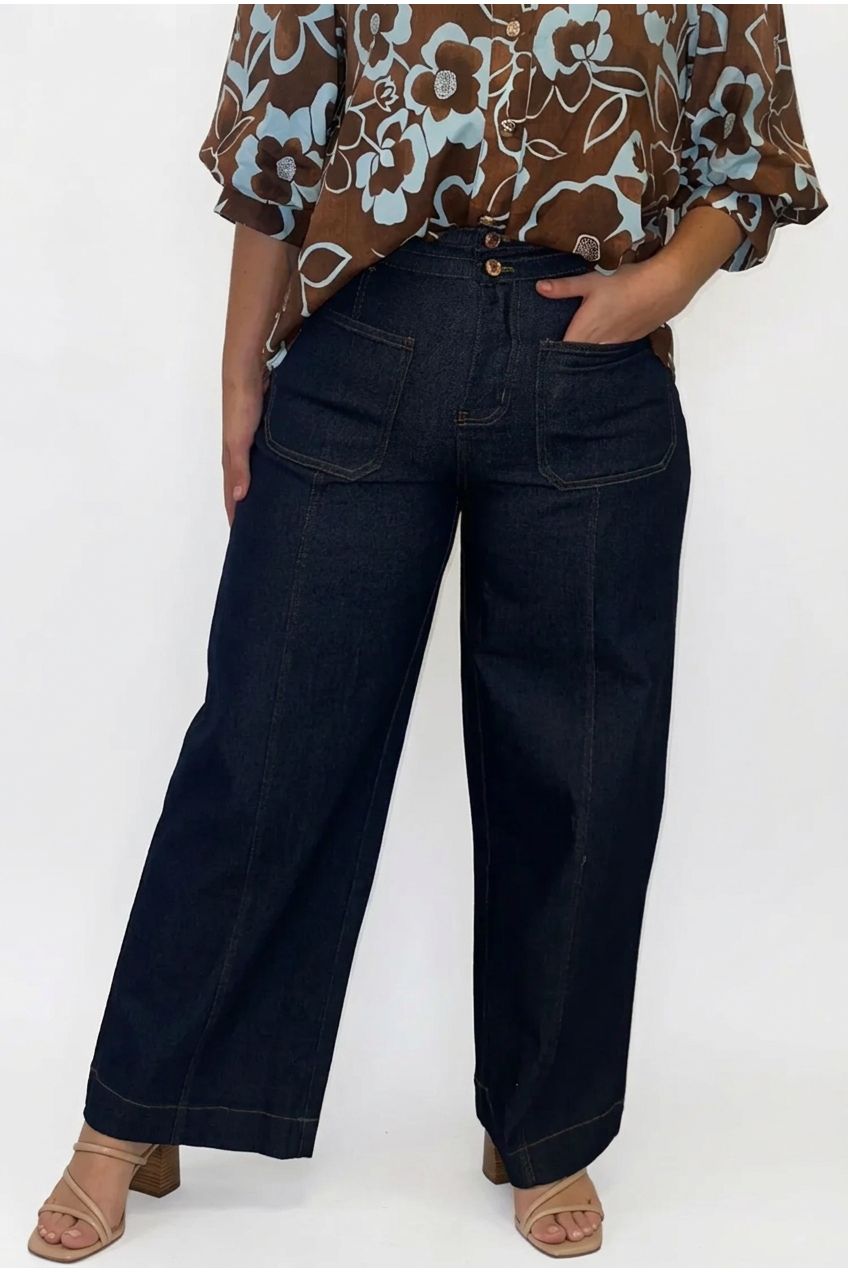 Entro Dark Denim Contrast-Stitch Wide-Leg Pants - Vintage Dragonfly Boutique
