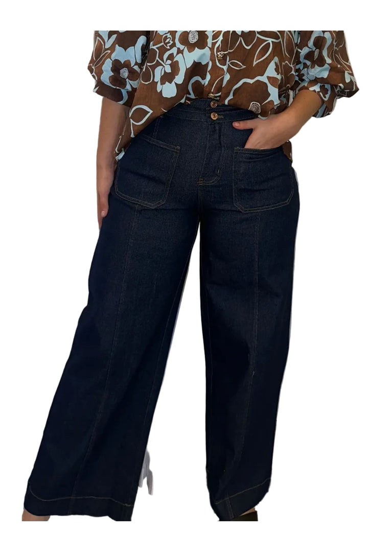 Entro Dark Denim Contrast-Stitch Wide-Leg Pants
