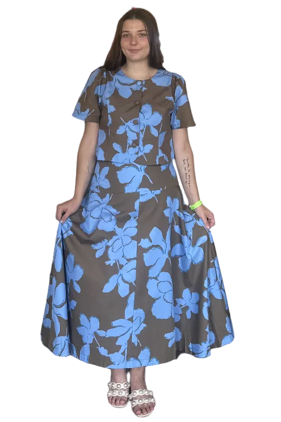 Entro Blue Floral Chocolate Brown Midi Skirt