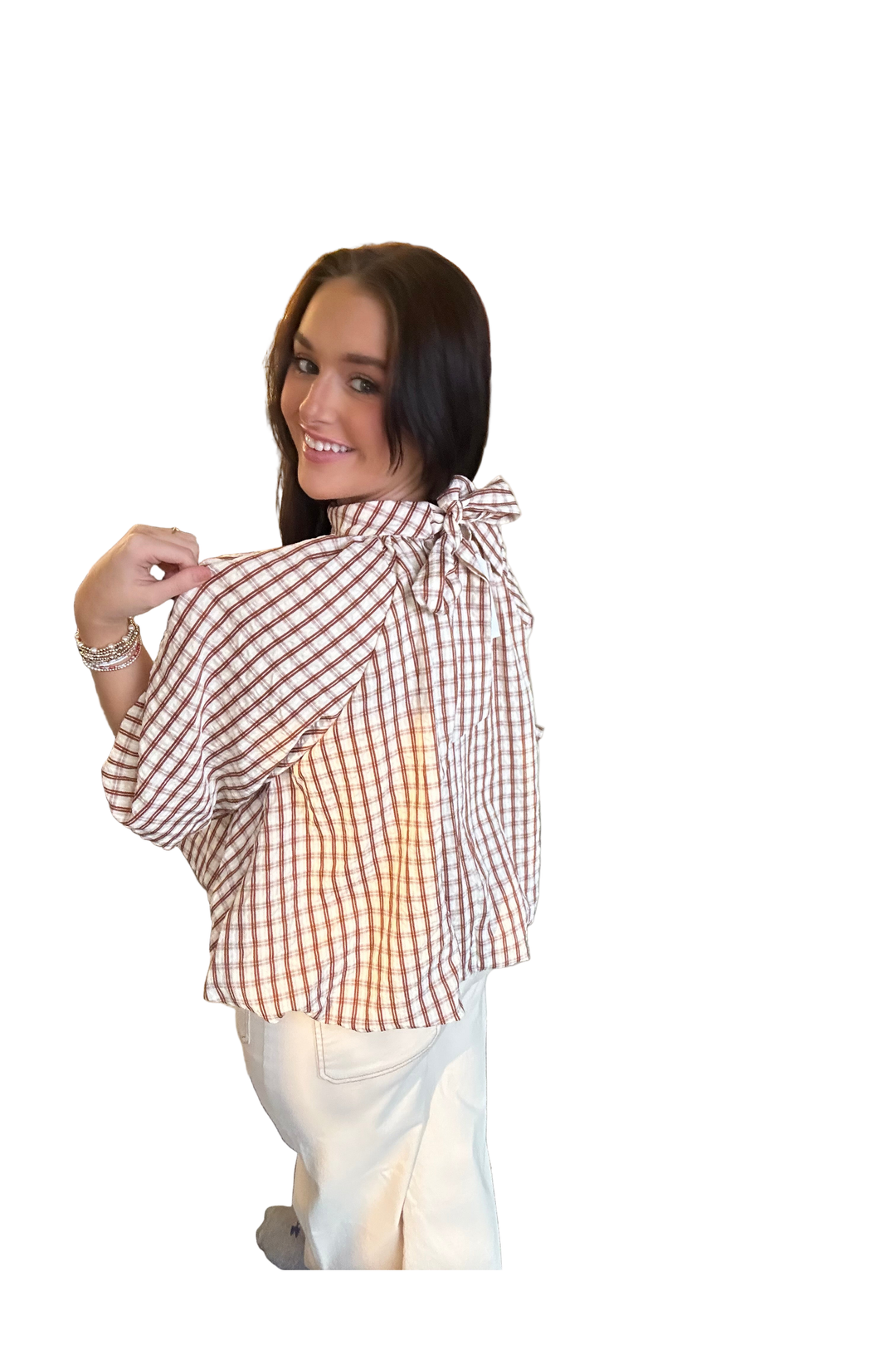 Annie Wear Checkered Bowtie Back Bubble Hem Blouse – Flowy Feminine Short Sleeve Top