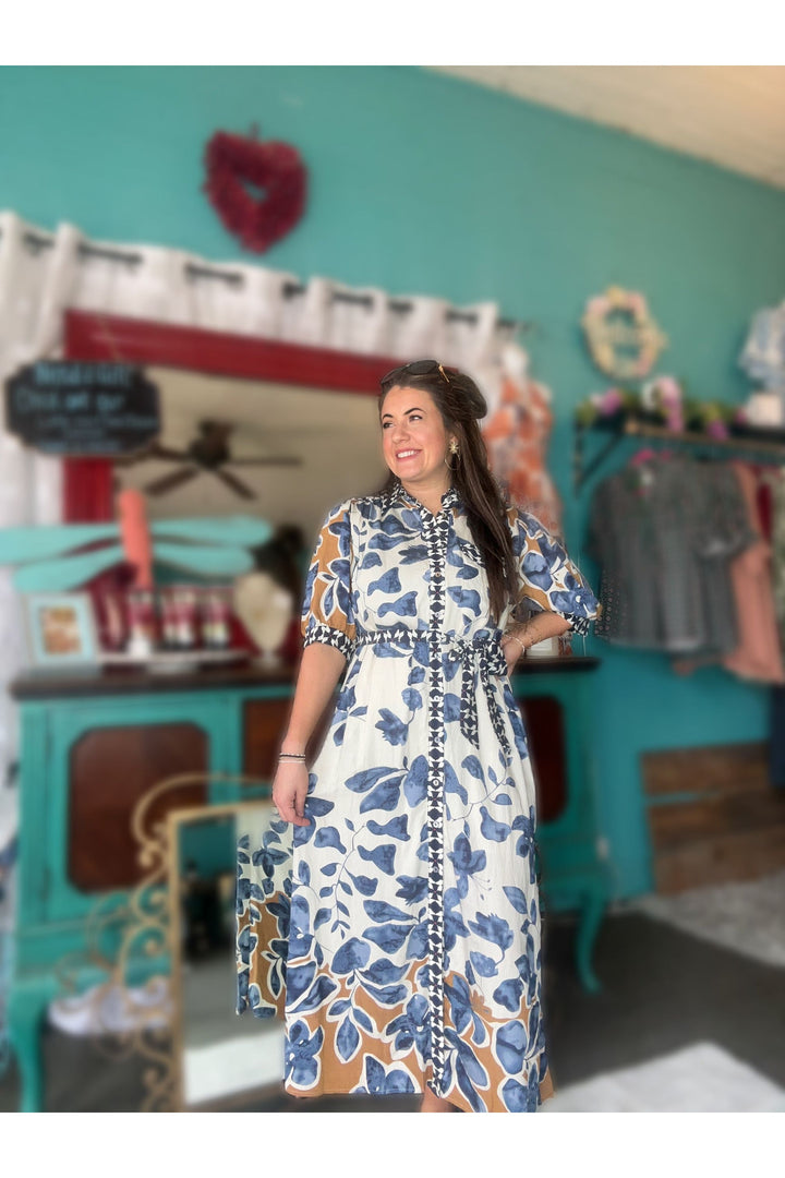 Autumn Bloom Belted Midi Dress